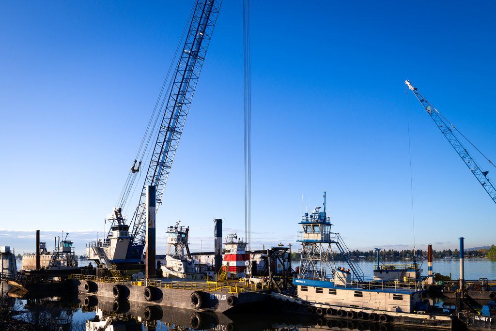 Large barge crane on river